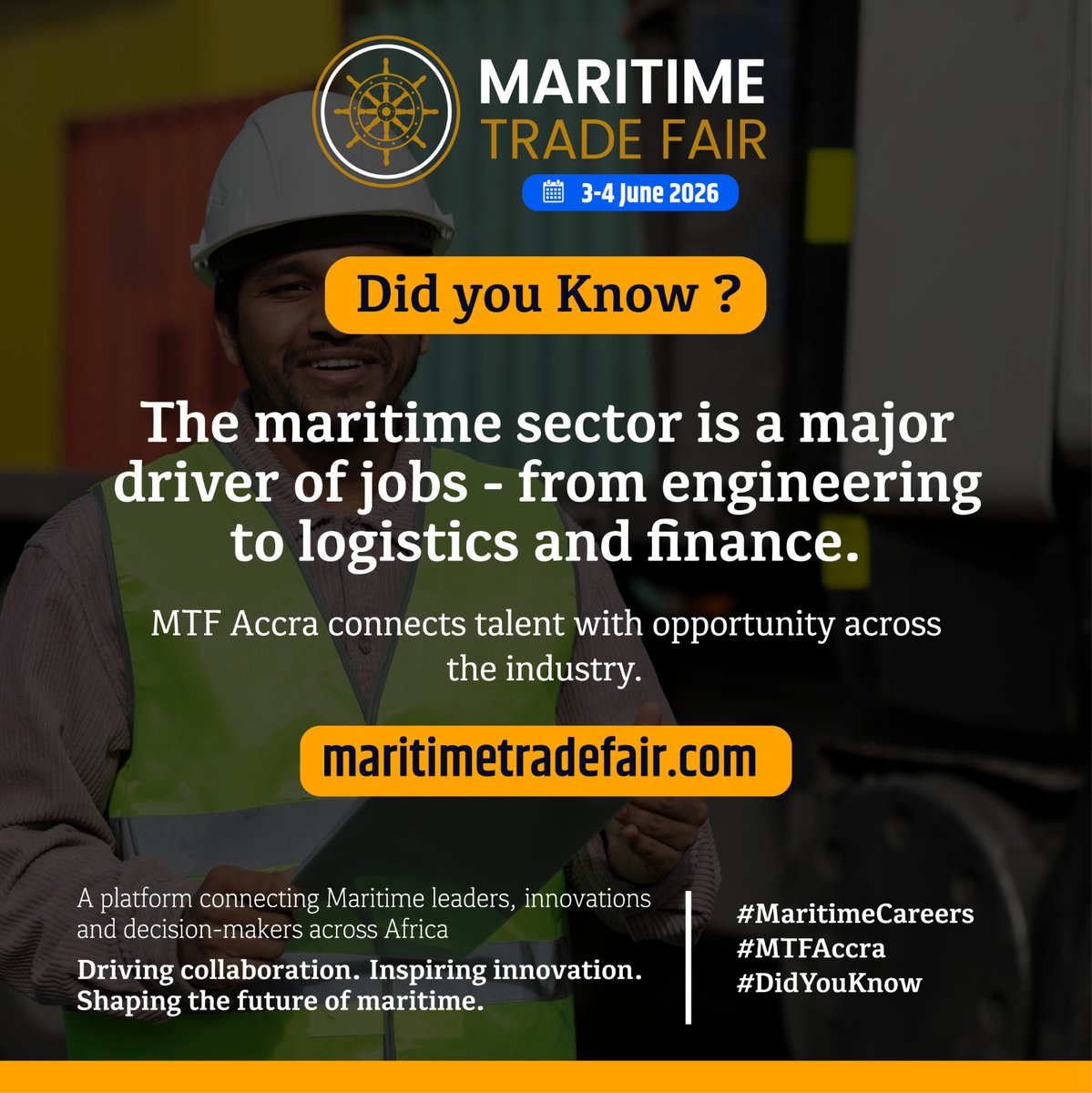 MTF_Africa's tweet photo. Bridging Talent and Opportunity

The Maritime Trade Fair Accra brings together Africa’s maritime leaders to connect talent, innovation &amp; opportunity.

📍 Accra, Ghana
📅 3–4 June 2026
🌐 https://t.co/frrRqCK2j4

#MTFAccra #MaritimeCareers #MaritimeInnovation https://t.co/D3kPGSaLGA