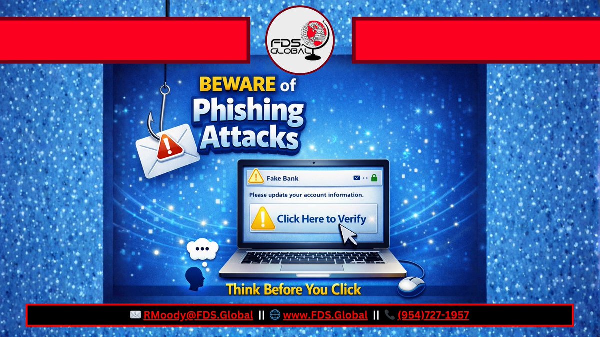 FDSGlobal's tweet image. #Suspicious #Emails, #Texts, &amp;amp; #Links are still the number one #CyberThreat.

#Verify senders, and #DontRush.

When in doubt - don’t click.

To learn more,
📞 (954) 727-1957
🔗 bit.ly/3OTuenG

#FDSGlobal #March2026 #April2026 #PhishingAwareness