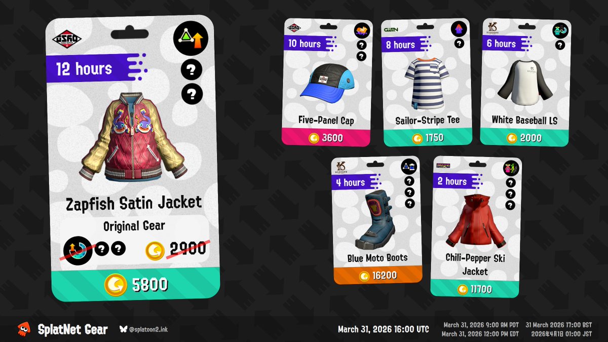 Up now on SplatNet: Zapfish Satin Jacket with Sub Power Up #splatnet2