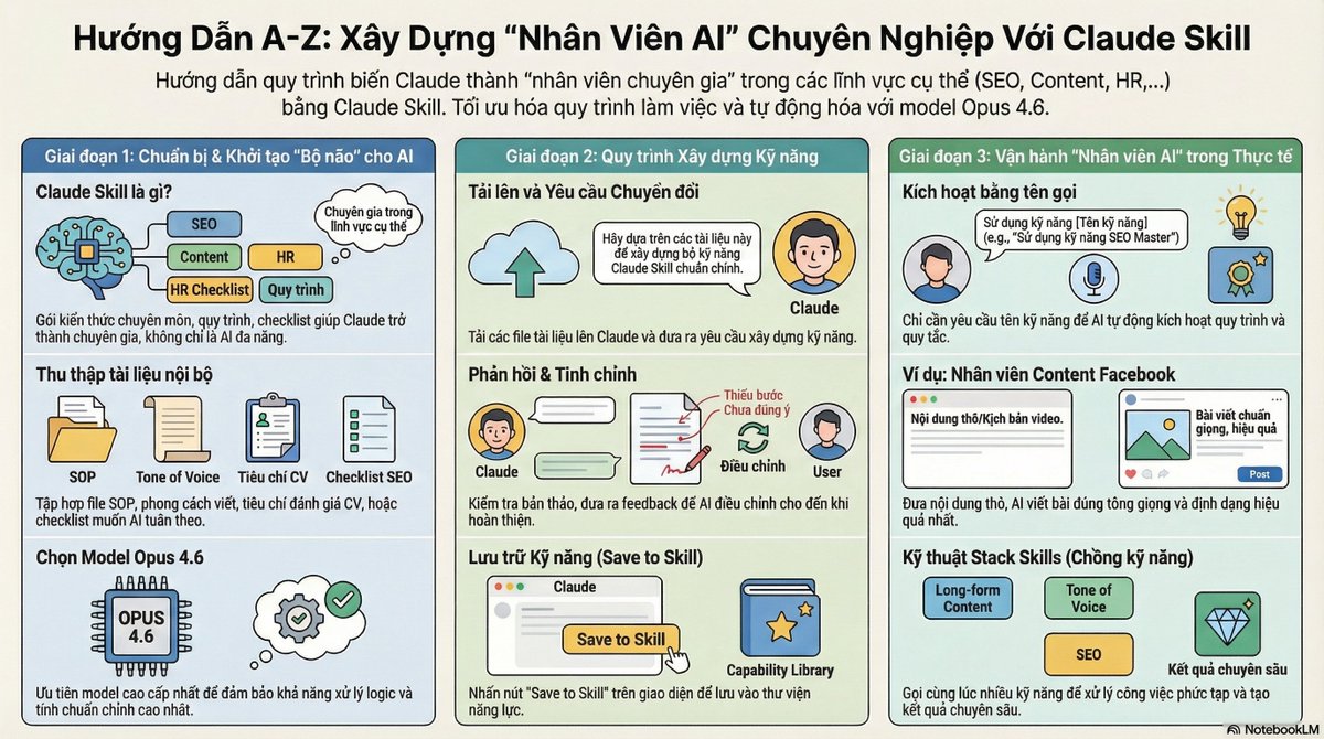 Chia sẻ với ae cách mình thường dùng để tạo skill trong claude nhé:
Bước 1: ae nạp vào tài liệu về lĩnh vực muốn tạo càng chi tiết càng tốt
Bước 2: ae chat yêu cầu nó chuyển đổi thành skill có thể copy trực tiếp nó tự động add vào được.
Bước 3: ae muốn