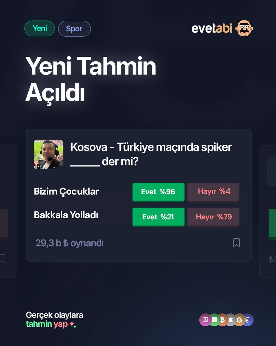 evetabicom's tweet photo. Kosova - Türkiye maçında spiker … der mi? 

Evetabi ile tahmin yaparak para kazan.

🔗 https://t.co/q0D2J4nt1o https://t.co/jy2u3GRKXl
