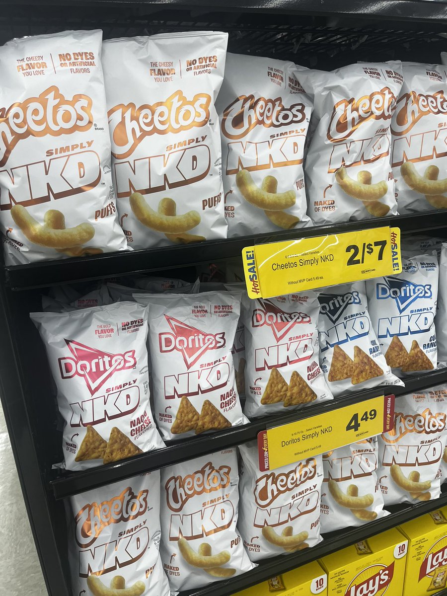 nicholasmcraig's tweet image. Interesting, first time spotting non–Red 40 Doritos and Cheetos at the store. They weren’t even with the regular chips, just sitting on an end cap. Obviously, I’ll be conducting some very serious research by grabbing a bag and giving them a try. #MAHA
