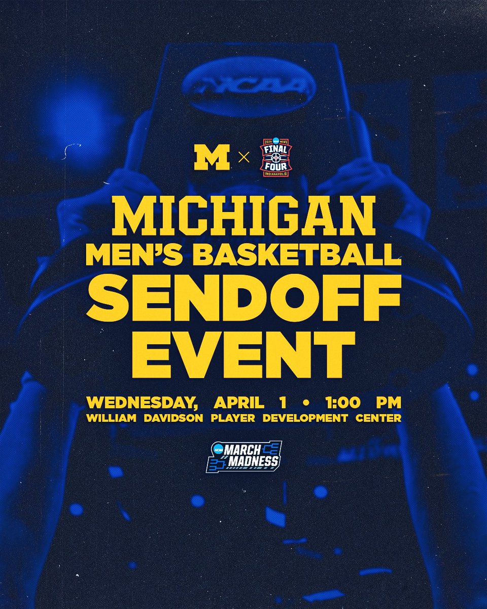 umichbball's tweet photo. Join us outside the William Davidson Player Development Center at Crisler tomorrow as we head to Indianapolis for the Final Four! https://t.co/lWOgIQPXtG