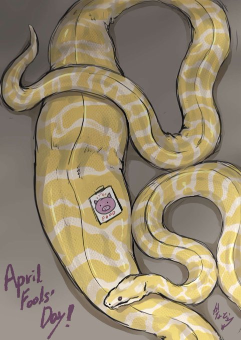 せっかくなので4月1日向けの絵を描こうかと思いましたが…
愚直な私は大蛇が豚さんを丸呑みにしている、いたって普通の蛇の生態を描いたものしか描けませんでした。
もっと精進しないとですね〜
捕食後のお腹に獲物の写真を貼り付けるのはイメージが掻き立てられて良いですよね! 