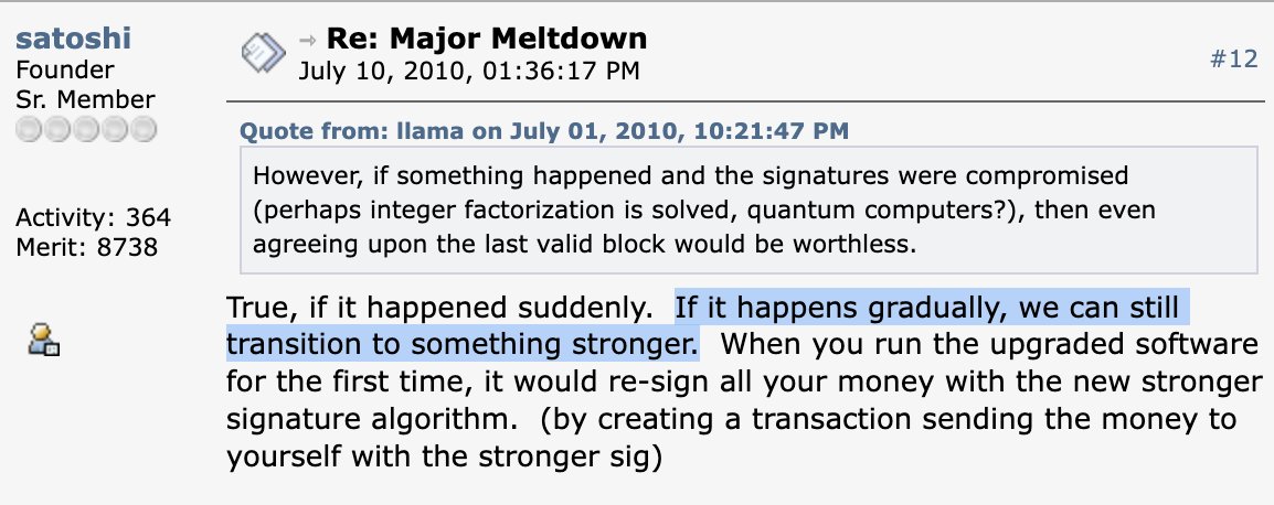 BitcoinMagazine's tweet image. Satoshi Nakamoto in 2010 on quantum computers: "If it happens gradually, we can still transition to something stronger."