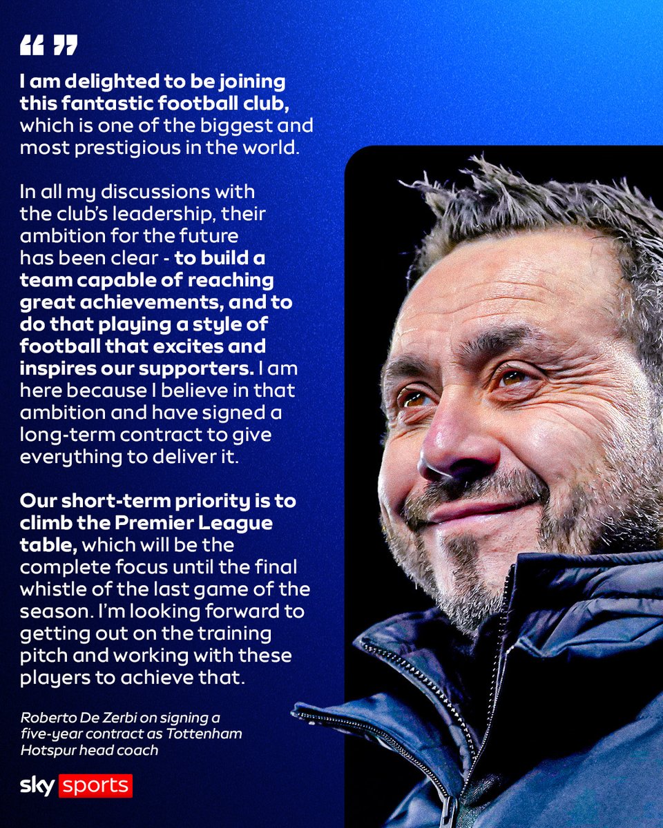 Roberto De Zerbi says he has signed a long-term contract at Spurs because he believes in the club's ambition to "buil...