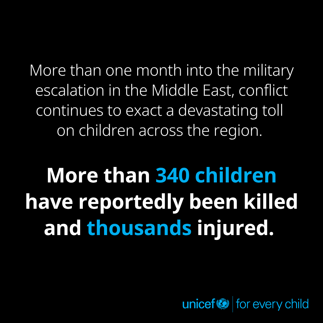 UNICEF's tweet image. The humanitarian crisis for children is deepening after one month of war in the Middle East.

“Urgent action is needed by all parties to conflict to protect the lives of civilians and uphold the rights of children.” - @unicefchief

Details on UNICEF’s response: