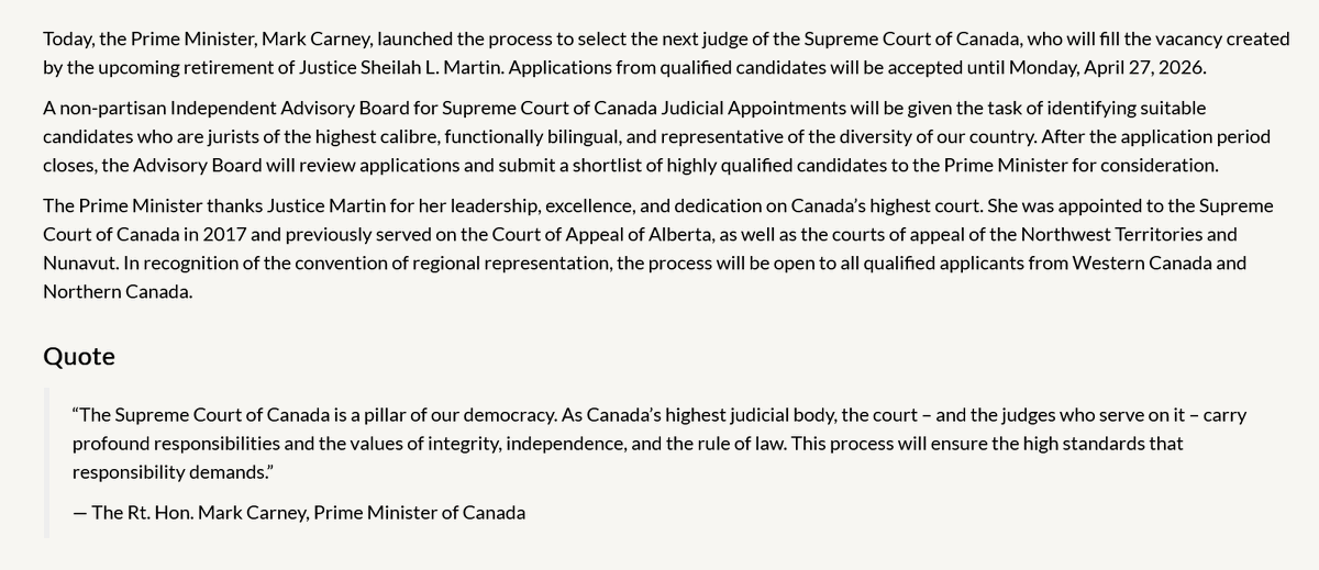 LawScribes's tweet image. Prime Minister Carney launches process to select next judge of Supreme Court. PM decided candidate must be 'functionally bilingual' (speak french) and represent 'diversity' from west or north Canada. pm.gc.ca/en/news/news-r… Applications fja-cmf.gc.ca/scc-csc/2026/f… #cdnpoli #scc