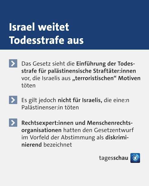 aslankenan_nl's tweet photo. Almanya, İngiltere, Fransa ve İtalya'dan İsrail'e ortak tepki: 🇩🇪🇬🇧🇫🇷🇮🇹

"İdam cezası insanlık dışı ve aşağılayıcıdır, caydırıcı etkisi yoktur."

Dört ülkenin dışişleri bakanları, İsrail parlamentosu tarafından onaylanan idam yasasının ayrımcı nitelik taşıdığı uyarısında bulundu. ⚖️

Düzenlemeye göre: Bir Filistinli terörist ilan edilirse idamla cezalandırılabilecek, ancak tersi durumda aynı ceza söz konusu olmayacak. 🤔

Avrupa Konseyi de tasarıyı "ciddi bir geriye gidiş" olarak nitelendiriyor.

İsrail'de ırkçı Ben Gvir'in öncülük ettiği bu düzenleme, hukuku değil kin, düşmanlık ve intikamı esas almaktadır. ⛓️

Bu keyfi idam cezası bir insanlık suçudur ✋

#İdamCezasıHayır 🚫 #İnsanlıkDışı ⛓️ #AdaletDeğilİntikam ⚖️ #UluslararasıHukuk 🏛️ #AvrupaBirliği 🇪🇺 #Filistin 🇵🇸 #Barış 🌙