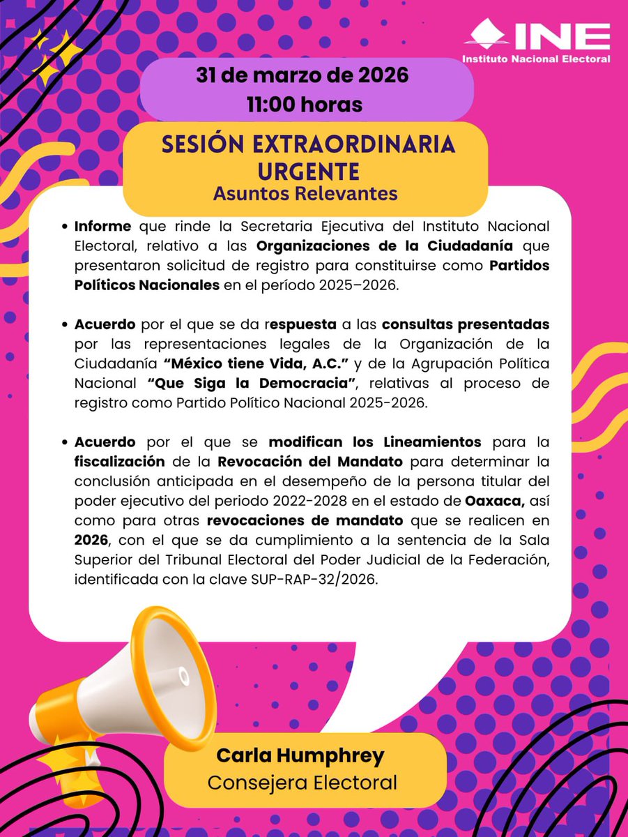 C_Humphrey_J's tweet photo. A partir de las 11:00 horas acompáñanos a la sesión extraordinaria urgente del Consejo General @INEMexico. 

Comparto los puntos a tratar 📄:

Sesión Partidos Políticos 🔗
https://t.co/BvRjvjPInQ

Transmisión 💻
https://t.co/7IXIunb97C https://t.co/xXa96Pdloy