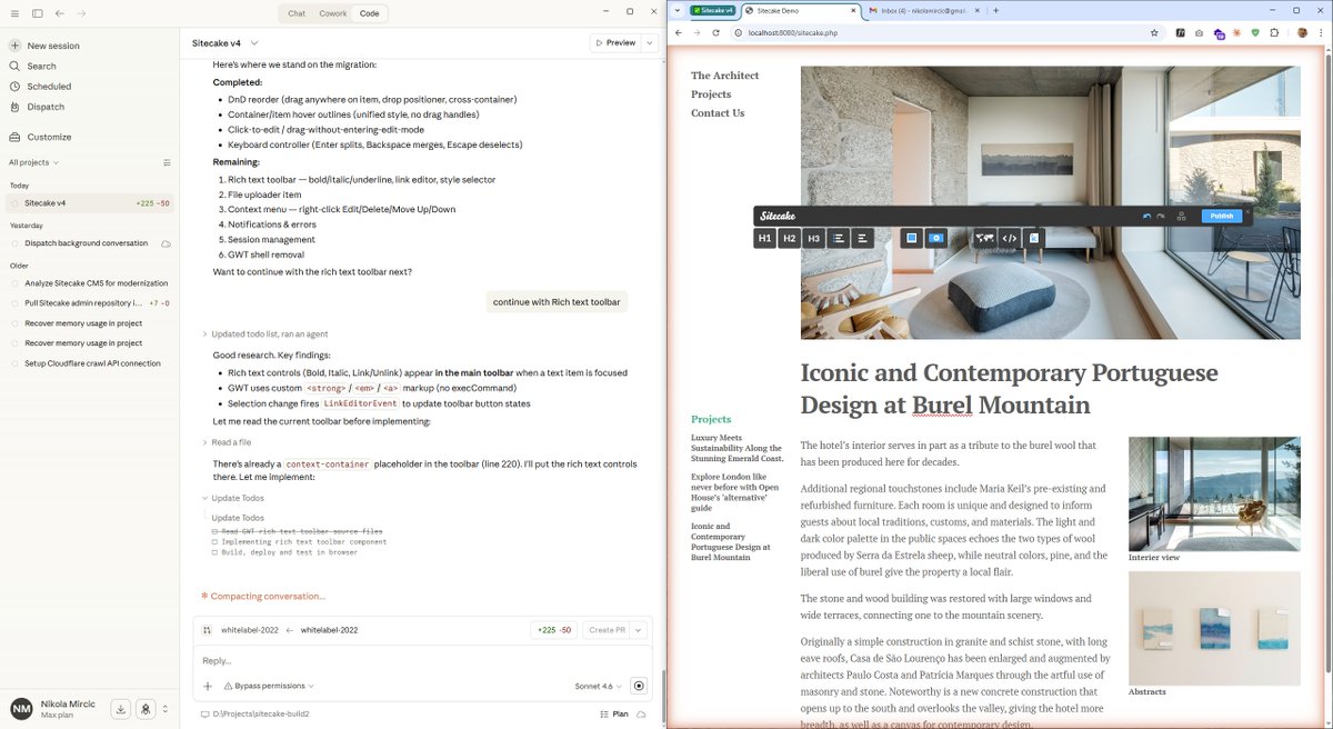 nikolamircic's tweet photo. Today I am doing code rewrite on https://t.co/fTU3HQCr0K CMS. CMS is old project of mine and it's written in Java (GWT), React and PHP. Claude Sonnet 4.6 is rewriting 300+ java files to React. 

We are doing it feature by feature. Sonnet inspects java features, write react code, test feature in Chrome via Claude Chrome plugin, fix errors, then I test feature in Chrome and approve. 

It will last a couple of days. I hope we make it. 

BTW I just designed Sitecake, but Nikola Ivancevic and Predrag Leka developed everything.