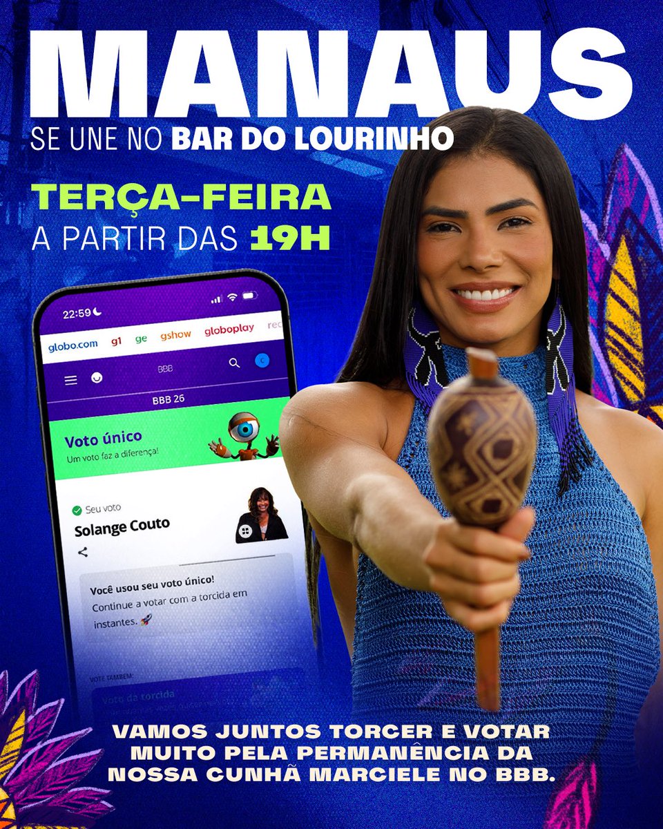 qgdamarcieleofc's tweet photo. Hoje é dia de união e força pela nossa Marciele 🔥💪🏽

Os pontos de concentração do mutirão já estão organizados nas cidades de Manaus, Parintins e Juruti. Fique atento às informações da sua cidade, confira o local e o horário, e participe com a gente desse movimento tão importante.

Cada presença fortalece, cada voto faz diferença. É a nossa voz, a nossa luta e a nossa raiz sendo representada com orgulho. 🪇💙

Seguimos juntos, firmes e determinados. Nós por nós.

#TimeMarciele #BBB26 #NósPorNós