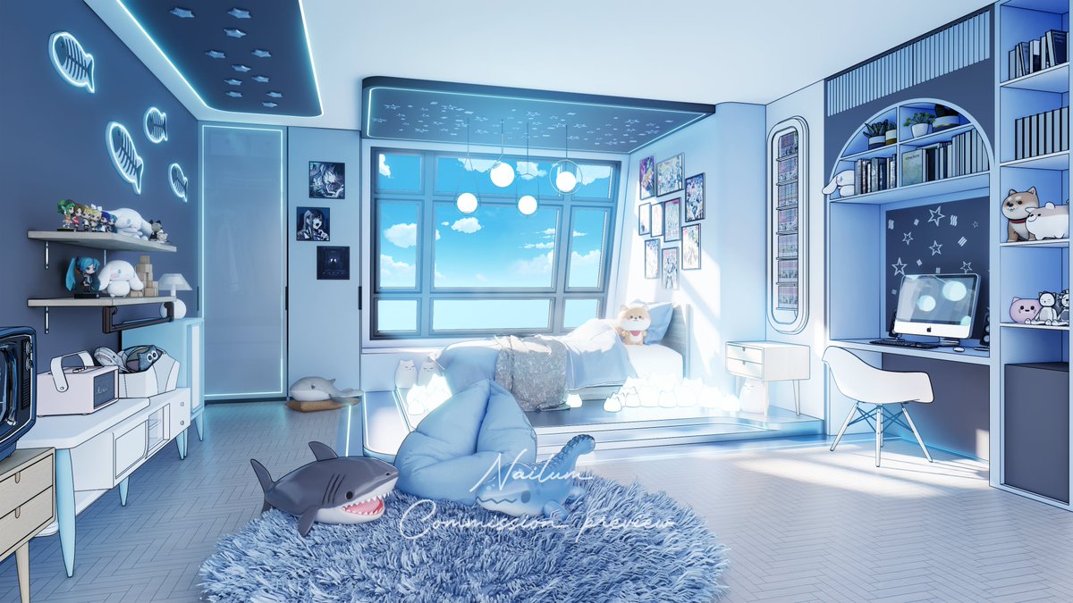 ArtNailum's tweet image. A light blue room, soft and easy on the eyes, with a quiet kind of cuteness. Little details sit gently in place, nothing too loud or out of line. It feels calm.

---background commission---

commission: @Mikoxto__ 
Background art: @ArtNailum

#background #opencommissions #Vtuber