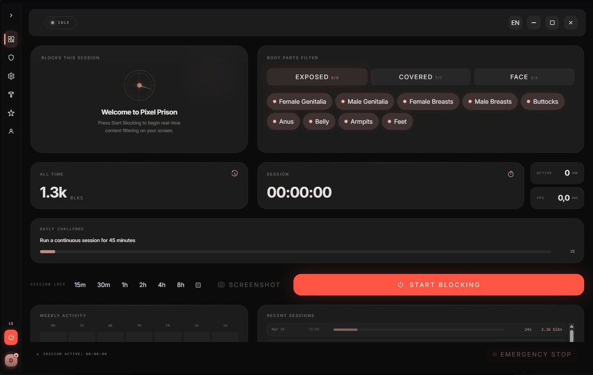 PixelPrisonApp's tweet photo. Finally showing a bit of the new interface…

Real-time censoring, session lock, body filter — all in one clean dark UI.

Thoughts? Does this look like a "proper" prison? 😈

#PixelPrison #Goon #Denial #Censor