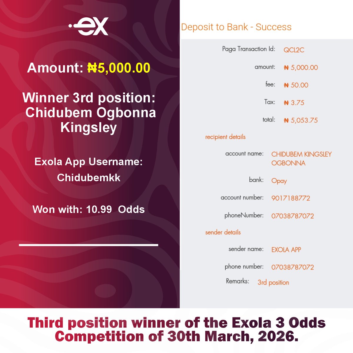 Exolaforecast's tweet photo. Payment for the winners of the Exola 3 to 10.99 odds Competition Mar 30th 2026.

You too can be among those who gets paid everyday if you know how to forecast football matches.

Send a DM to join. https://t.co/LprVVMsxuB