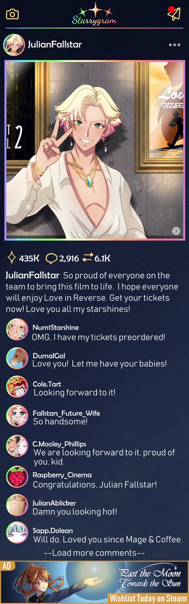 Lunautuma's tweet photo. ✨ Past the Moon; Towards the Sun ✨

JulianFallstar: So proud of everyone on the team to bring this film to life.  I hope everyone will enjoy Love in Reverse.  Get your tickets now! Love you all my starshines!

🎮 Wishlist on Steam
#Indiegame #VisualNovel #VNDev #MadeWithRenPy https://t.co/kz5vgF8zJM