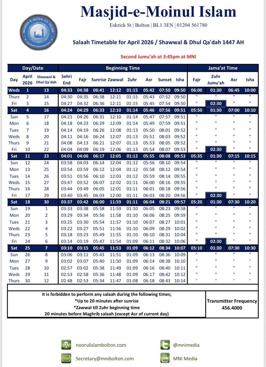 MNIMedia's tweet photo. Śalāh Timetable For April 2026

#mnibolton #mmibolton #salahtimetable #salahbolton https://t.co/EwgzL8KqyP