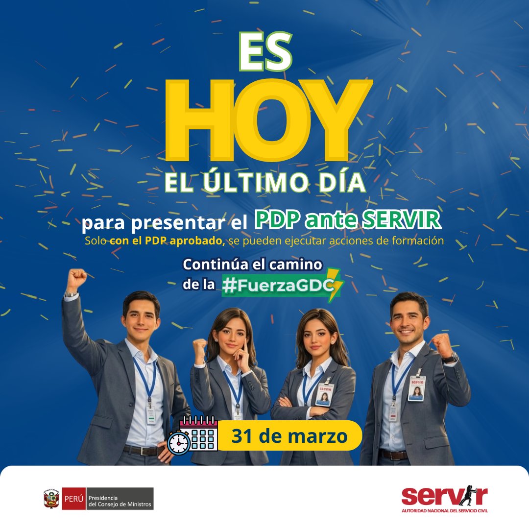 SERVIR_PERU's tweet image. 🚨¡ES HOY! El último paso en el camino de la #FuerzaGDC💪
Hoy cerramos el proceso de presentación del Plan de Desarrollo de la Personas (PDP) ante SERVIR, y asegurarnos de contar con la planificación de las #capacitaciones en tu entidad.
🔗Info: gob.pe/c/4834

#PDP #ORH