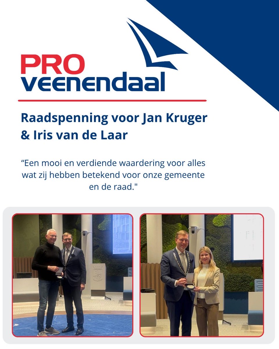 Raadspenning voor Jan Kruger en Iris van de Laar 

Jan Kruger en Iris van de Laar hebben uit handen van de burgemeester een raadspenning ontvangen als dank voor hun grote inzet en betrokkenheid. Een mooie en verdiende waardering voor alles wat zij hebben betekend!
