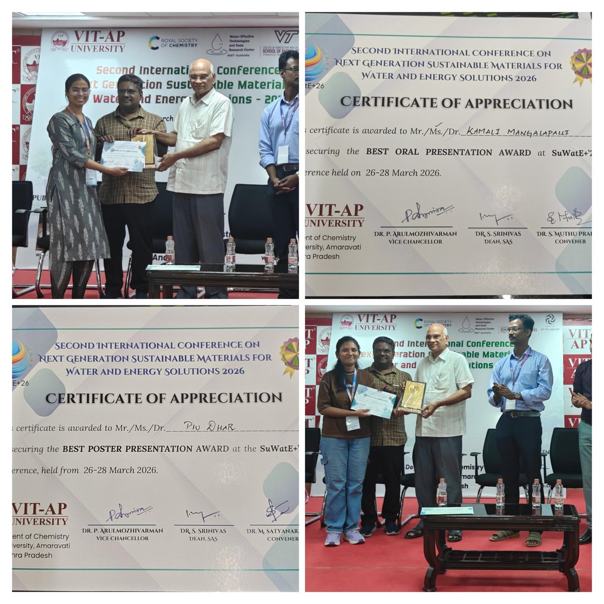 SP_Heterocat's tweet photo. We congratulate @Kamali_netha and @PiuDhar27128 for receiving best oral and best poster presentation awards at Second International Conference on Next Generation Sustainable Materials for water and Energy Solutions at VIT AP. We also congratulate @PutlaSudarsanam for his guidance https://t.co/6KgVFsiF9T
