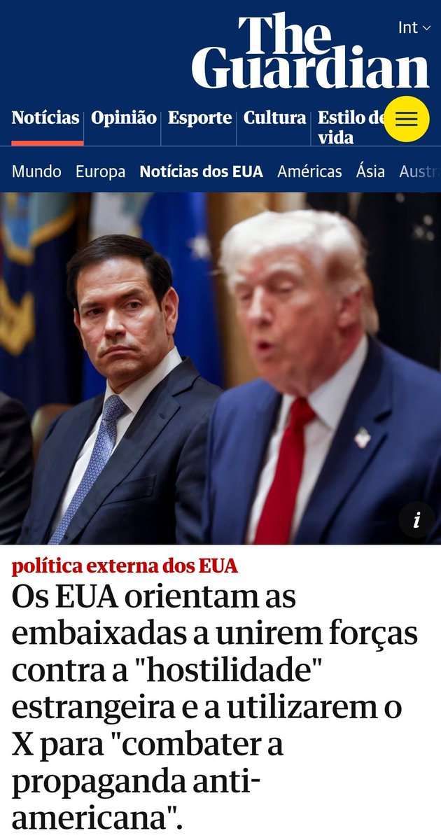 INTERVENÇÃO NO X 🇺🇸🚫🤐

Preparados para a censura no X?
Pois ela vai começar pesado agora.
Nada de falar mal dos EUA mais hein, só pode elogios.

The Guardian:
📰 Os EUA orientam as embaixadas a unirem forças contra a "hostilidade" estrangeira e a utilizarem o X para "combater a