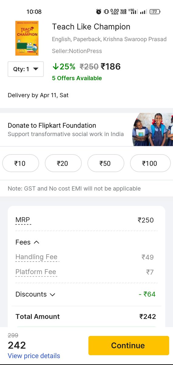 IRFANSIR20's tweet photo. Book price: ₹186
Final payment: ₹242 😳

Matlab ₹8 ka discount mila… baaki sab #service mein chala gaya 😅

Dear @Flipkart
Maths teacher hoon… par yeh calculation samajh nahi aayi! 🤦‍♂️

Yeh #discount hai ya illusion? 🤔

#OnlineShopping #HiddenCharges https://t.co/63zgN3Sygl