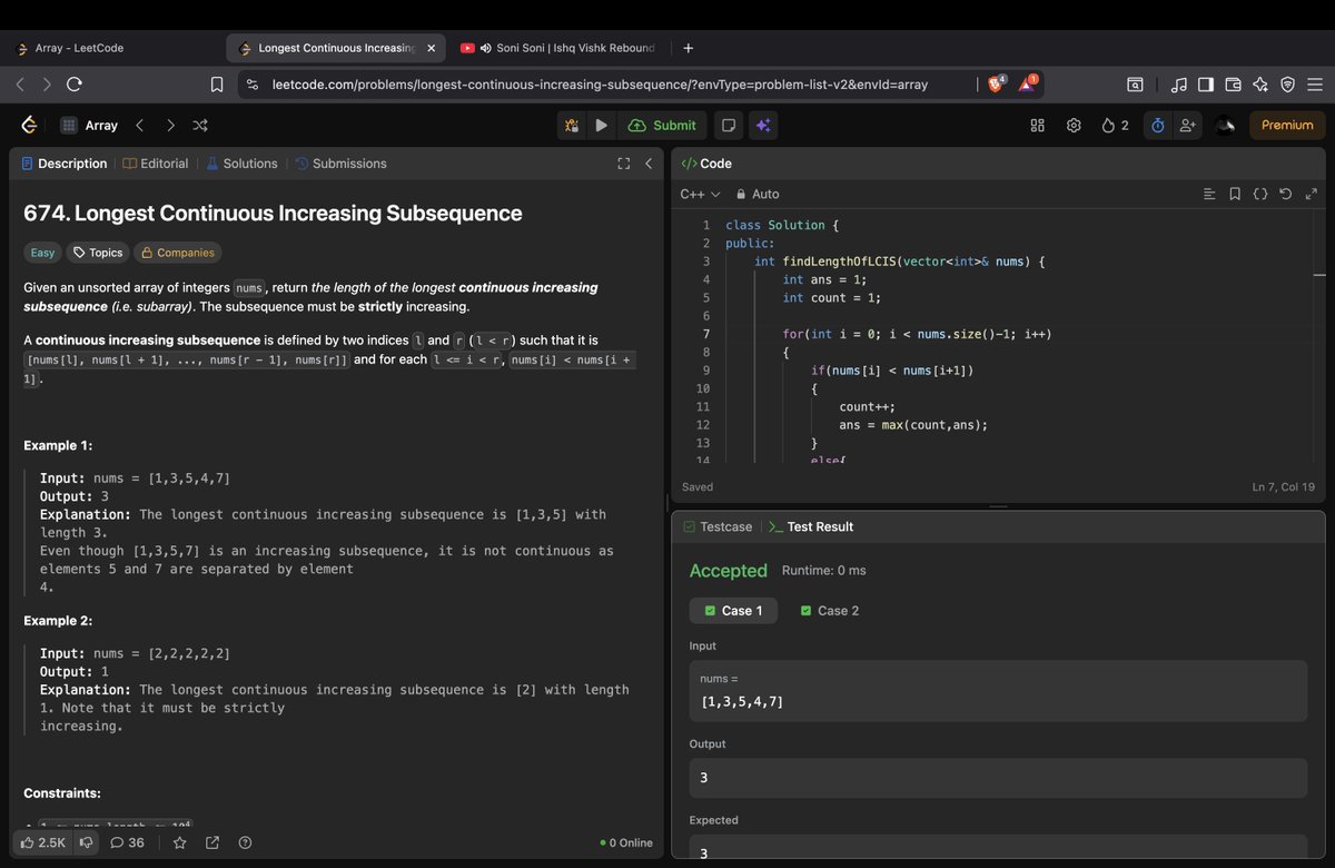 Rajeev_Sharma04's tweet photo. Day 4/10 of my #DSA challenge 🚀

Solved:
✅ Longest Continuous Increasing Subsequence
⚡ O(n)
💯 0 ms runtime

Consistency is the key 🔥
#LeetCode #Coding #10DaysOfCode https://t.co/fp6NqDiJPW