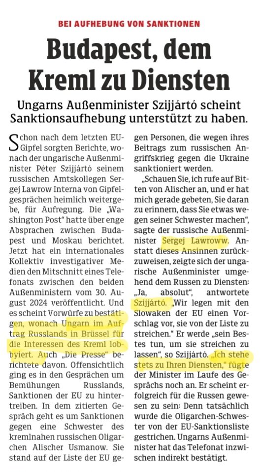 Orban ist das Vorbild von Herbert Kickl. Orbans Aussenminister ist den Russen "stets zu Diensten". Wenn Orban abgewählt werden sollte, wird der dzt. Ungarische Aussenminister in Russland wohl Nachbar von Karin Kneissl, die mit Kickl auf der Regierungsbank saß.
(Kleine Zeitung)