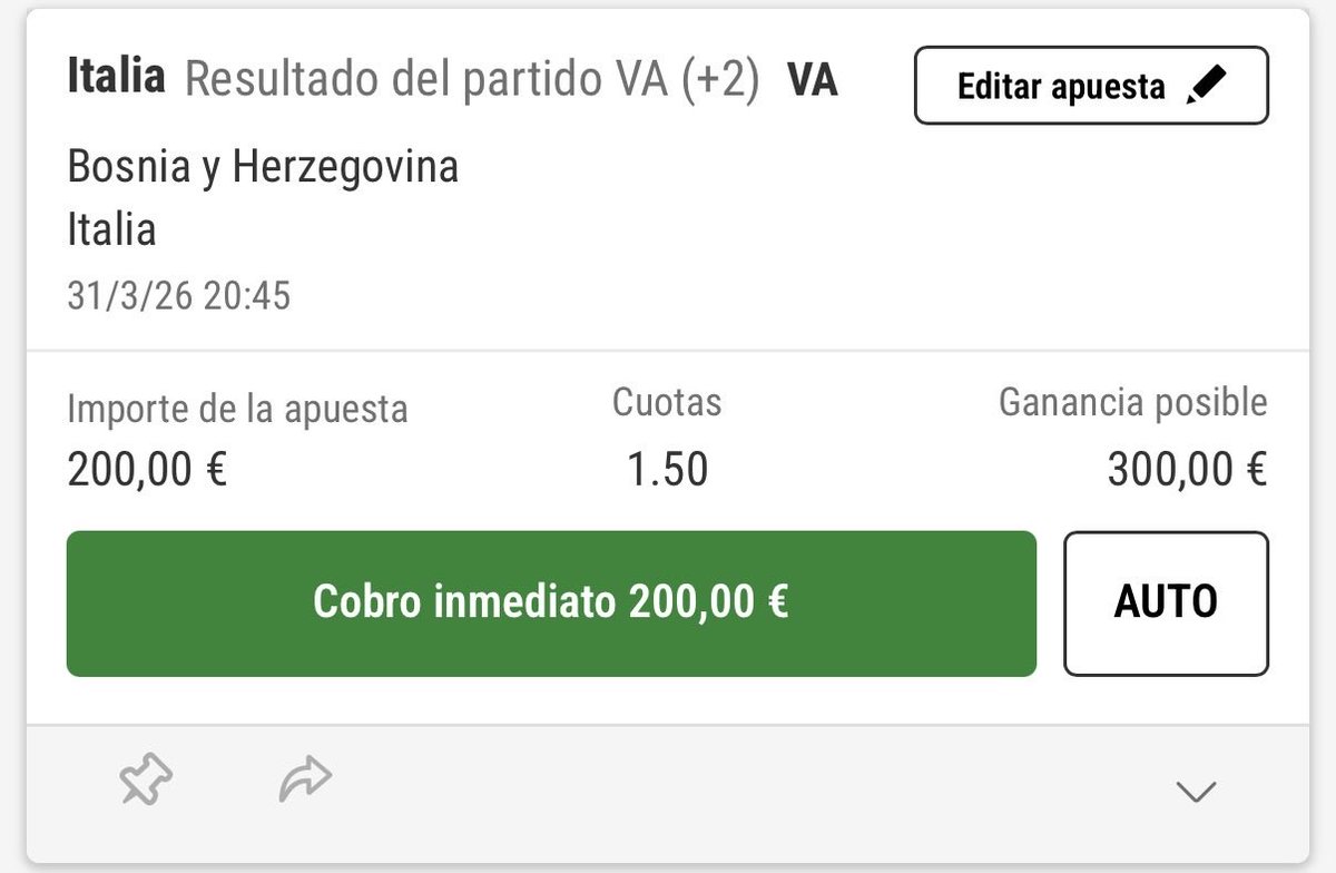 AMBet_Oficial's tweet image. ⚽️💣 PICK ENTRADO 💣⚽️  

🌍 Internacional  

Italia gana 🔥  

Cuota 1.50 📈  

Explicación en Telegram 📲  
🔔 Activa notificaciones  

#AMBets #ApuestasDeportivas #Tipster #Betting #ValueBet #Futbol #Pronosticos #Apuesta