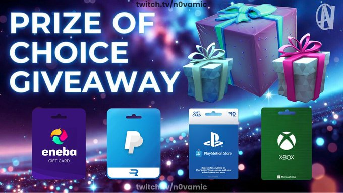 $10 POC GIVEAWAY | GIFTCARD/CASH/STEAM..  

✅ RT ♻️  
✅ Follow <a href="/N0VAMIC/">N0VAMIC</a>    

PRIZE OF CHOICE - not limited to the below, you can pick ANYTHING I'm able to buy for you 👍