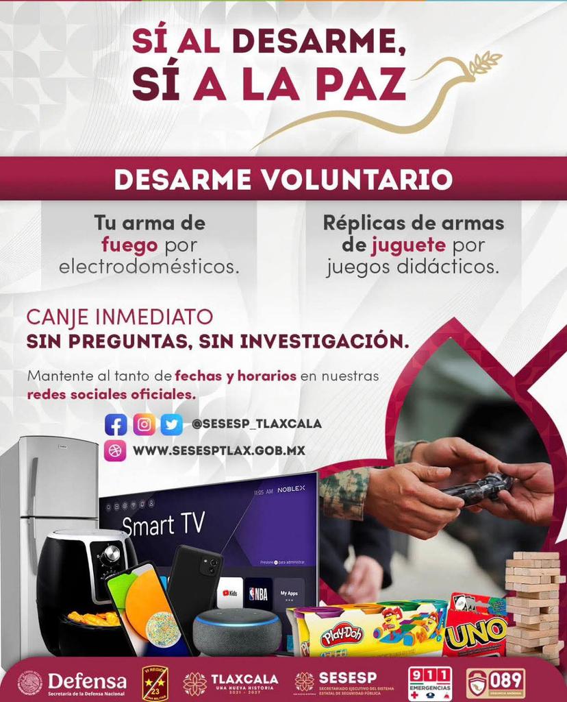 Dar un paso por la paz también empieza desde casa. Si tienes un arma, puedes canjearla de forma voluntaria, segura y sin preguntas, recibiendo a cambio artículos útiles para tu hogar. Puedes intercambiar réplicas de juguete por juegos didácticos para niñas y niños.