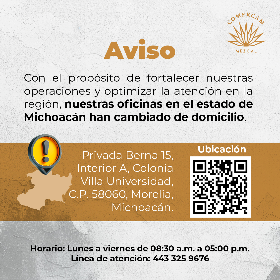 ¡Aviso importante: Cambio de domicilio en Michoacán!

En COMERCAM informamos a todos nuestros asociados que, a partir de esta fecha, nuestras oficinas en Michoacán cambian de ubicación.

📍 Nueva dirección:
Privada Berna 15, interior A
Col. Villa Universidad, Morelia, Michoacán