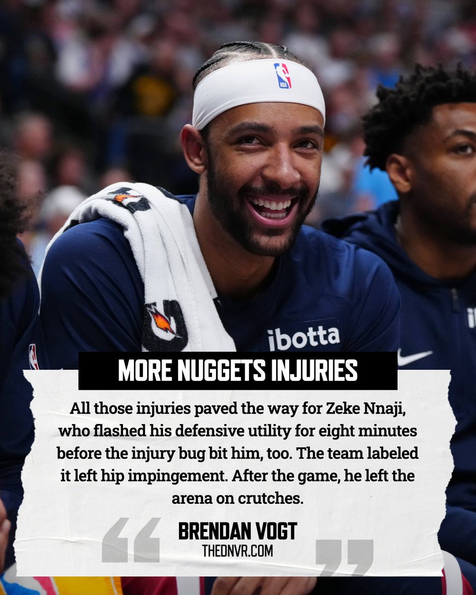 Zeke Nnaji helped change the tone of the Nuggets win over the Warriors with his defense.

But the 𝑰𝑵𝑱𝑼𝑹𝒀 bug got him too. He left the arena on crutches.

The hits just keep coming for this injury-ravaged Nuggets team.

✍️ <a href="/BrendanVogt/">Brendan Vogt</a> 
🔗 thednvr.com/injury-concern…
