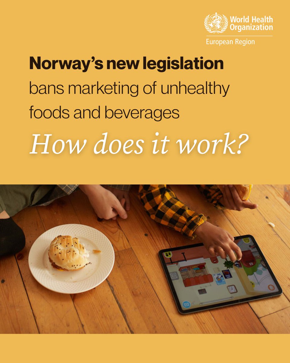 WHO_Europe's tweet image. Norway has banned the marketing of unhealthy foods and drinks to children. 

With the new regulation, the country is helping protect children from #obesity, #cancer and other #NCDs—and building momentum for healthier environments across the Region.

bit.ly/4t0hrkR