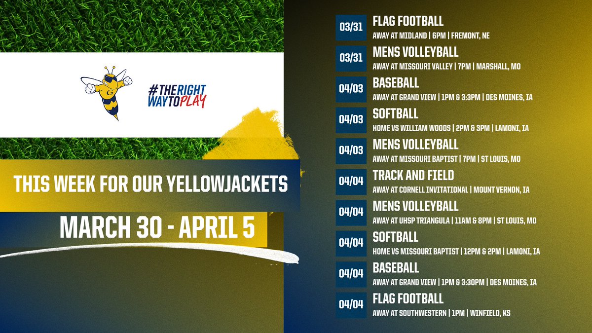 GUjackets's tweet photo. ππ THIS WEEK FOR OUR YELLOWJACKETS (March 30 - April 5)! Get ready to cheer on all the action coming up. Stay tuned for game times and matchups! #GoGraceland #GUJackets https://t.co/DLdW6GYGGH