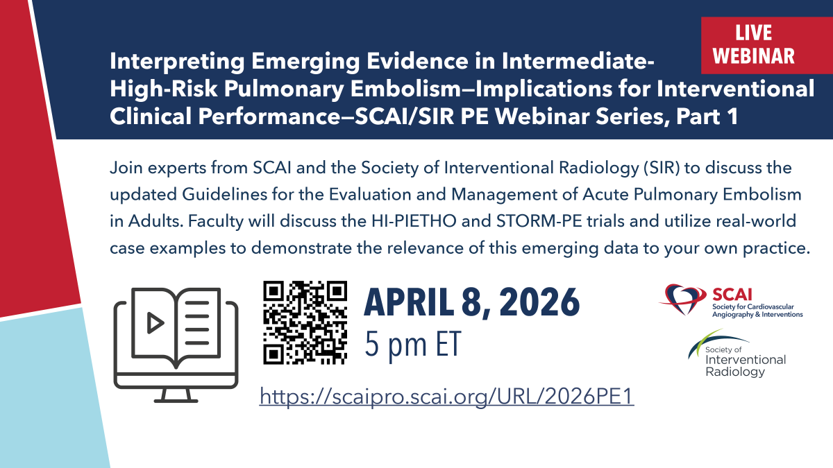 SCAI's tweet image. 📅 Happening next Wednesday! Attend part 1 of the SCAI/SIR #PE Webinar Series to discover new evidence in intermediate–high-risk #PulmonaryEmbolism. Experts will be taking a closer look at the HI-PEITHO and STORM-PE trials to help you improve patient outcomes.

Register today➡️