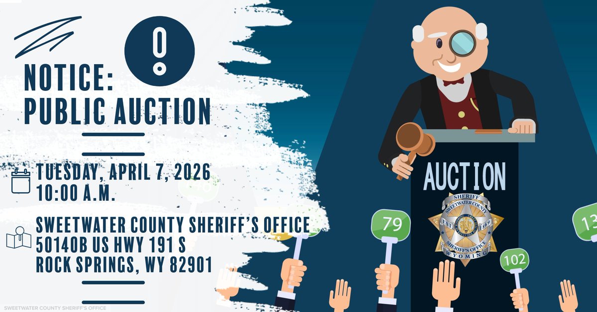 sweetwaterso's tweet photo. PUBLIC AUCTION NOTICE:
We are hosting a public auction of abandoned and court-forfeited vehicles on Tuesday, April 7, 2026, at 10 a.m. at the Sweetwater County Sheriff's Office at 50140B US Highway 191 South in Rock Springs.

More here: https://t.co/tGUi5xzdaZ https://t.co/hFZuwJQBkh