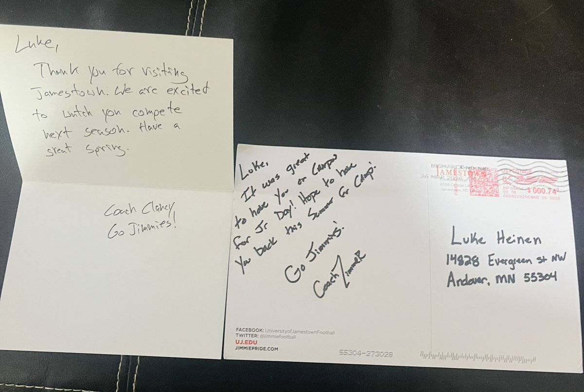 LukeHeinen_'s tweet photo. Thanks @CoachZim_UJ and @CoachSClancy for the letters!!
@MNHSFBProspects @PrepRedzoneMN @Coach_Mistro https://t.co/QhEOKZW3jA