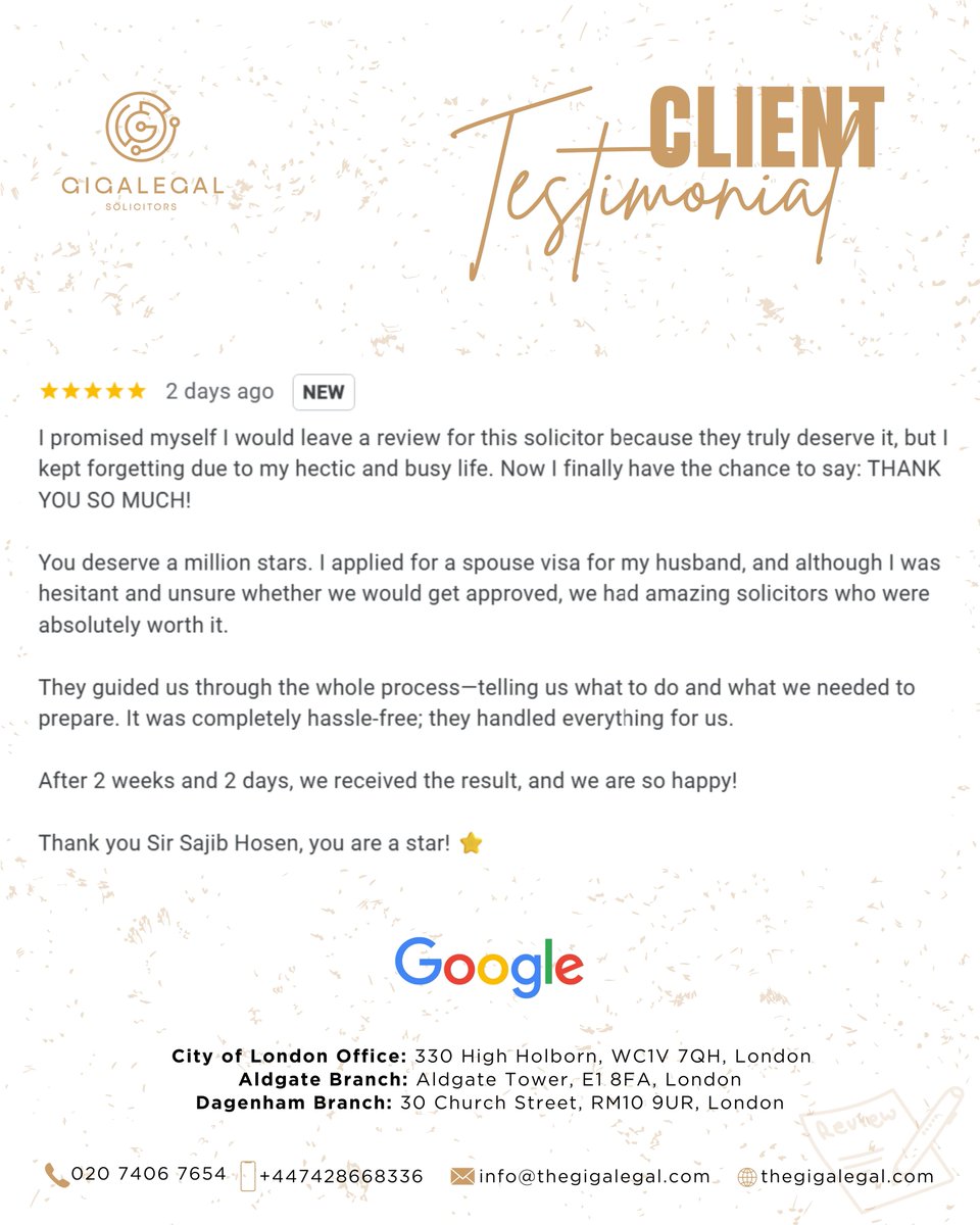 GigaLegal's tweet photo. "You deserve a million stars... It was completely hassle-free."

Congratulations to our client and her husband. 

This is what it's all about.

#GigaLegal #UKimmigration #GoogleReview https://t.co/P1crGmQQ1t