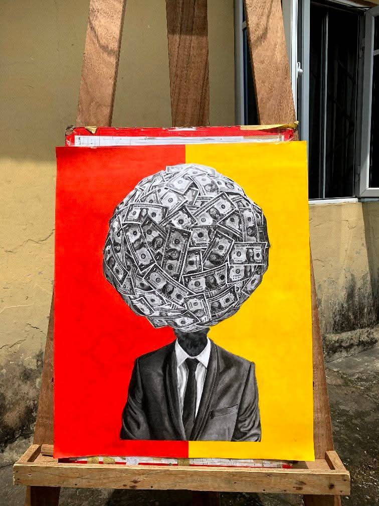 lekki51548's tweet photo. "Through my art, I share fragments of my essence, weaving tales of passion, vulnerability, and the beauty of the human experience.
Title: "Wealthy, but at What Cost?"
#moneyhead #CreativeArts #art #artist https://t.co/kpyv7RoWDt