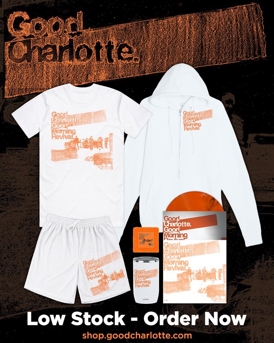 GoodCharlotte's tweet photo. Good Morning Revival 26 stock is running low!!! The good morning wake-up package: vinyl, tee, mug, sweatband + workout shorts. Link below! https://t.co/ocfAQyArE2 https://t.co/14MShgUXad