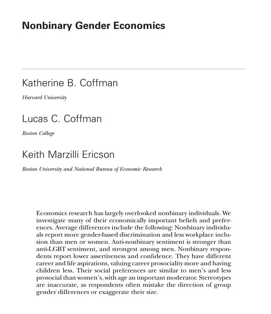 ProfKMEricson's tweet photo. Proud to have "Nonbinary Gender Economics"  out in JPE Micro.  We document the economic experiences and preferences of nonbinary individuals—a population of 1M+ in the US that is often overlooked. https://t.co/x1fmGAuuYH