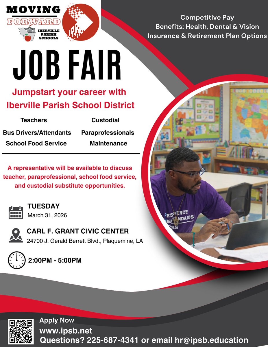 IbervilleSchool's tweet image. Join us at our District-Wide Job Fair today!
Tuesday, March 31, 2026
2:00 PM – 5:00 PM
Carl F. Grant Civic Center | 24700 J. Gerald Berrett Blvd. Plaquemine, LA
#MovingForward