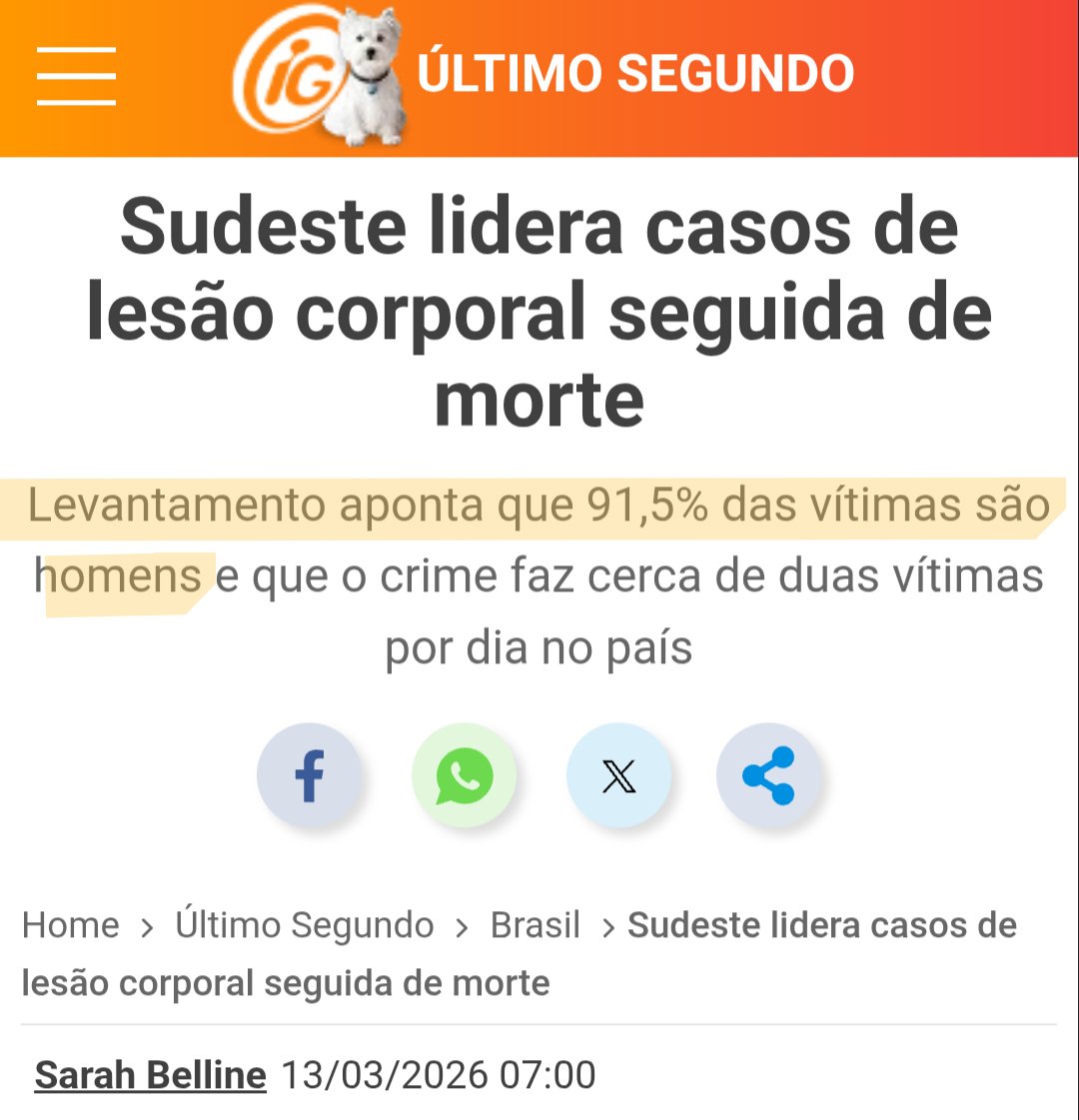 <a href="/FlavioBolsonaro/">Flávio Bolsonaro</a> Aí você está aderindo à narrativa de segregação do PSOL. A ação deve ser para diminuir a taxa geral de homicídios, independente do sexo da vítima. Os dados mostram que 91,5% das vítimas de lesão corporal seguida de morte no Sudeste são homens. O padrão se repete no Brasil todo.
