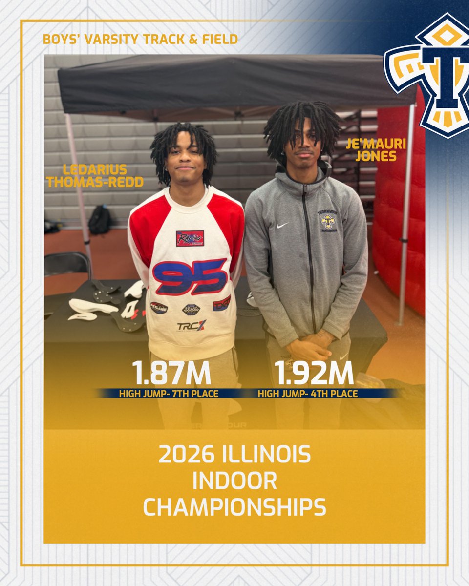 ThornwoodBoysTF's tweet photo. Illinois Indoor Conference Championships
Je'Mauri Jones - 4th Place (1.92m)
Ledarius Thomas-Redd - 7th Place (1.87m)
Big PRs by both this indoor season!
@ThornwoodAthle1 https://t.co/bJUnDHUKqG
