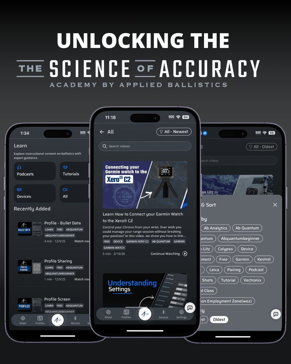 AppliBallistics's tweet photo. AB Learn brings the classroom  directly to your device. The legendary "Science of Accuracy"  library—including our entire catalog of instructional videos and  podcasts—is now fully integrated into the AB Quantum™ app.

Knowledge is the ultimate performance upgrade. https://t.co/sg3kE657qv