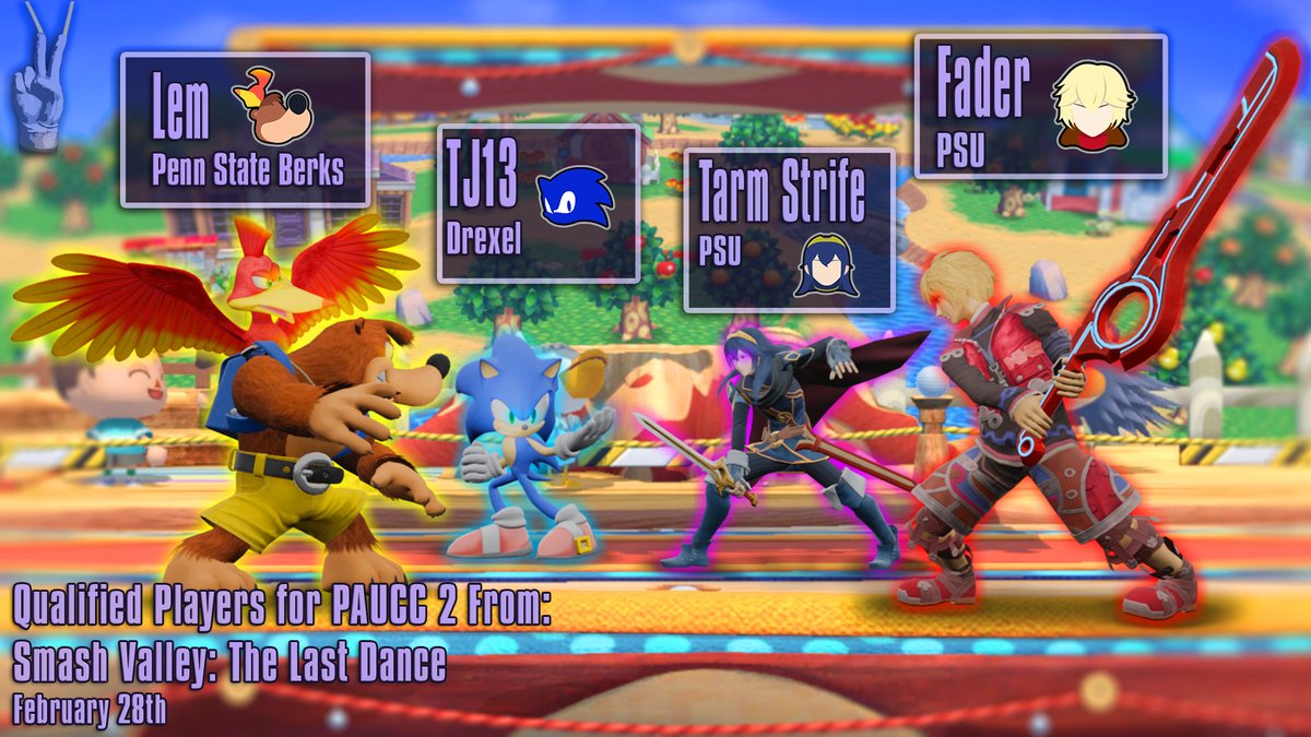 Congratulations for making PAUCC 2 finals from Smash Valley: The Last Dance! 🎮
<a href="/lembanjo/">lem 🧩</a>
<a href="/TJ13_SSB/">Transcendent Johnson</a> 
<a href="/TarmStrife/">Tarm</a> 
<a href="/FaderDB/">Casey</a>