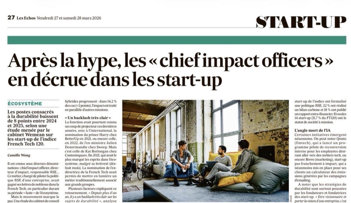 Jean_MOREAU_'s tweet photo. Après la hype, les « Chief #Impact Officer » en décrue dans les #Startup 

L’analyse de @wg_camille pour @LesEchos 

On est quelques uns à vouloir remettre ces sujets sur le devant de la scène, n’est pas #ChangeNOW ? https://t.co/3zBLq8ZdzV
