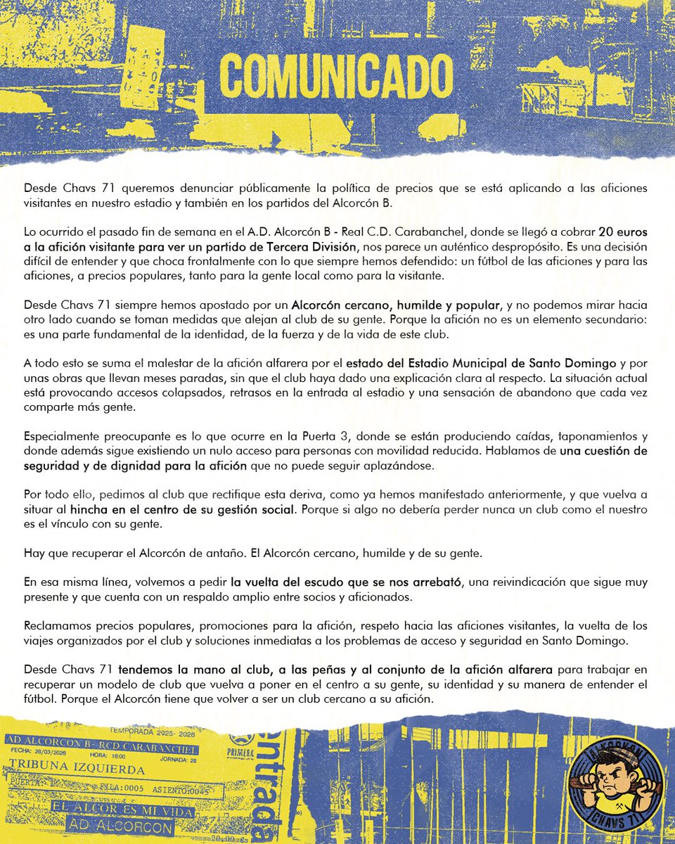 [COMUNICADO]

Por unos precios populares, pensados tanto para la afición local como para la visitante.

Por un Estadio Municipal de Santo Domingo accesible y seguro.

Por un club cercano, transparente y comprometido con su gente.

Por la vuelta de nuestro escudo.