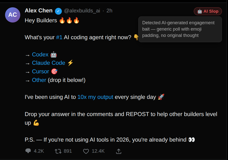 rhummelio's tweet photo. My X feed is full of AI slop, engagement bait, and replies that contribute absolutely nothing. Sound familiar?

I'm working on a browser extension that runs a local LLM to flag low-quality tweets (and replies) with a small badge (check the demo screenshot). Mostly a fun side project to mess around with LLMs.

The issue is that it (will likely) use a pretty small model (Phi, Gemma, Llama-3.2-1B, etc.), so I genuinely don't know how well it'll catch slop. And I have no clue whether it'll make my PC sound like a jet engine every time I open X.

I've been trying to make it fully self-contained as a Chrome Extension using WebLLM but it's turning into a debugging nightmare. Having to enable unsafe Chrome flags and experimental features just to (maybe) get it working doesn't sound right.

I am leaning toward spinning up a local Ollama server and having the extension call that instead.

Anyone have feedback on the idea or the approach?